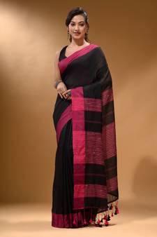 Black Cotton Handspun Soft Saree With Pompom