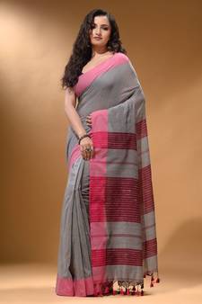 Grey Cotton Handspun Soft Saree With Pompom