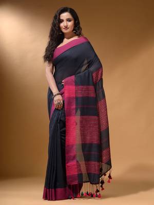 Charcoal Cotton Handspun Soft Saree With Pompom 1