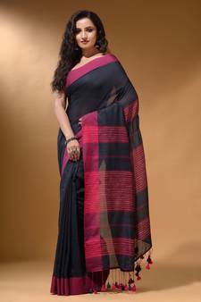 Charcoal Cotton Handspun Soft Saree With Pompom