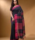 Charcoal Cotton Handspun Soft Saree With Pompom