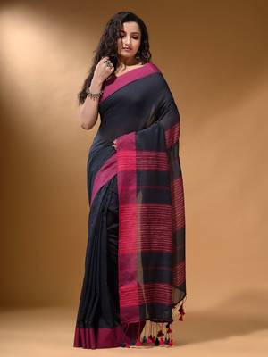 Charcoal Cotton Handspun Soft Saree With Pompom 2