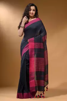 Charcoal Cotton Handspun Soft Saree With Pompom