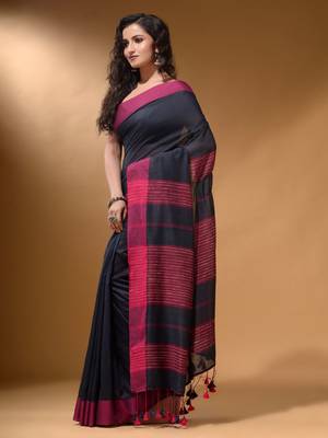 Charcoal Cotton Handspun Soft Saree With Pompom 3