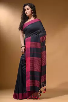 Charcoal Cotton Handspun Soft Saree With Pompom