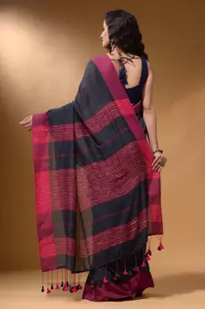 Charcoal Cotton Handspun Soft Saree With Pompom