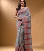 Grey Cotton Handspun Soft Saree With Geometric Border