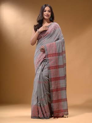 Grey Cotton Handspun Soft Saree With Geometric Border 2