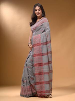 Grey Cotton Handspun Soft Saree With Geometric Border 3