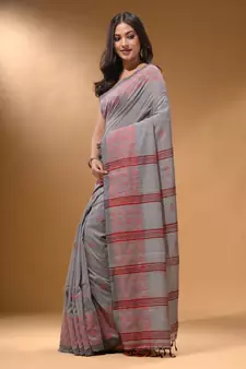 Grey Cotton Handspun Soft Saree With Geometric Border