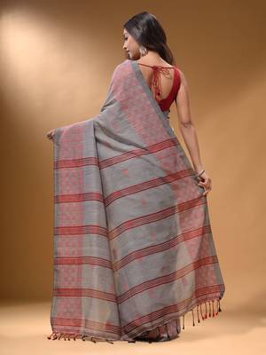 Grey Cotton Handspun Soft Saree With Geometric Border 4