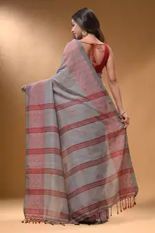 Grey Cotton Handspun Soft Saree With Geometric Border