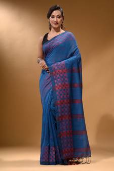 Cobalt Blue Cotton Handspun Soft Saree With Geometric Border