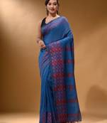 Cobalt Blue Cotton Handspun Soft Saree With Geometric Border