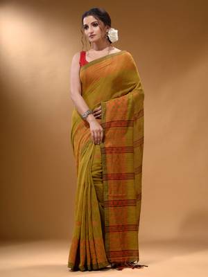 Mustard Cotton Handspun Soft Saree With Geometric Border 1