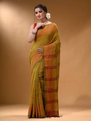 Mustard Cotton Handspun Soft Saree With Geometric Border 2