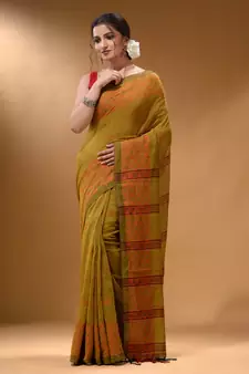 Mustard Cotton Handspun Soft Saree With Geometric Border