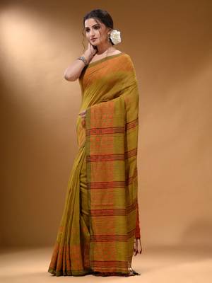 Mustard Cotton Handspun Soft Saree With Geometric Border 3