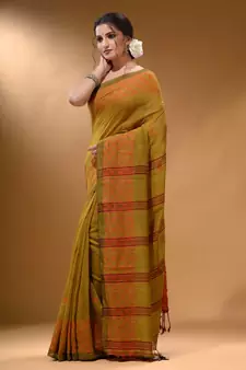 Mustard Cotton Handspun Soft Saree With Geometric Border