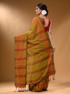 Mustard Cotton Handspun Soft Saree With Geometric Border 4
