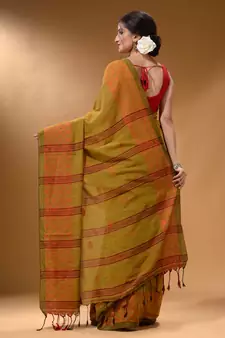 Mustard Cotton Handspun Soft Saree With Geometric Border