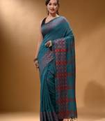 Teal Cotton Handspun Soft Saree With Geometric Border