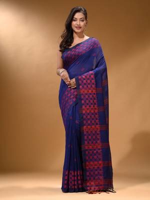 Indigo Cotton Handspun Soft Saree With Geometric Border 1