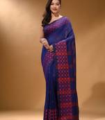Indigo Cotton Handspun Soft Saree With Geometric Border
