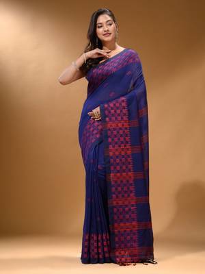 Indigo Cotton Handspun Soft Saree With Geometric Border 2