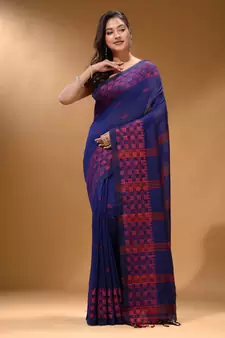 Indigo Cotton Handspun Soft Saree With Geometric Border