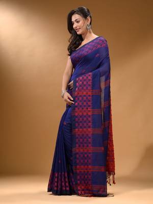 Indigo Cotton Handspun Soft Saree With Geometric Border 3