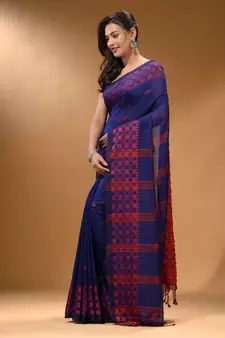 Indigo Cotton Handspun Soft Saree With Geometric Border