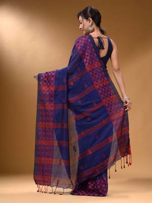 Indigo Cotton Handspun Soft Saree With Geometric Border 4