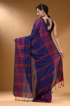 Indigo Cotton Handspun Soft Saree With Geometric Border
