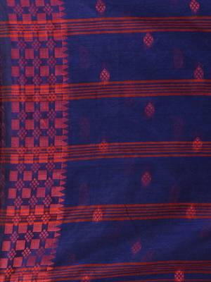 Indigo Cotton Handspun Soft Saree With Geometric Border 5