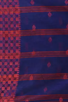 Indigo Cotton Handspun Soft Saree With Geometric Border