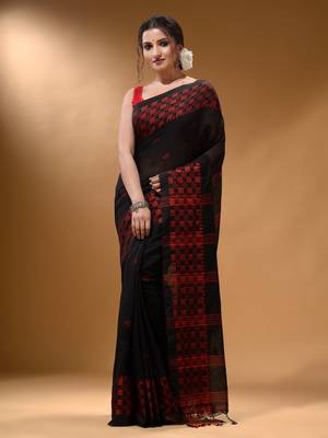 Black Cotton Handspun Soft Saree With Geometric Border 1
