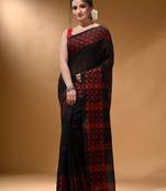 Black Cotton Handspun Soft Saree With Geometric Border
