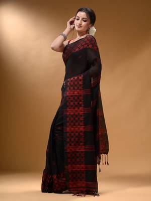 Black Cotton Handspun Soft Saree With Geometric Border 3