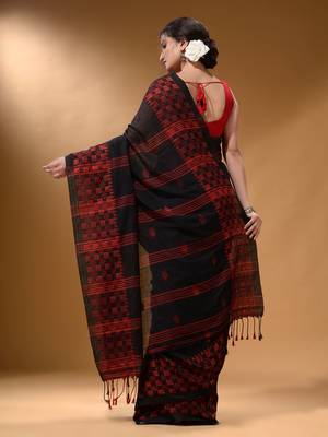 Black Cotton Handspun Soft Saree With Geometric Border 4