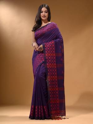 Purple Cotton Handspun Soft Saree With Geometric Border 1