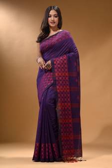 Purple Cotton Handspun Soft Saree With Geometric Border