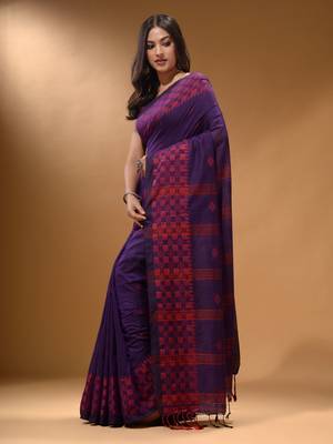 Purple Cotton Handspun Soft Saree With Geometric Border 2