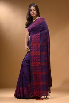 Purple Cotton Handspun Soft Saree With Geometric Border