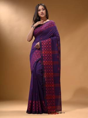 Purple Cotton Handspun Soft Saree With Geometric Border 3