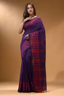 Purple Cotton Handspun Soft Saree With Geometric Border
