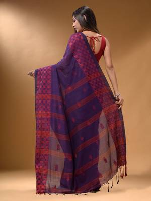 Purple Cotton Handspun Soft Saree With Geometric Border 4