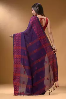 Purple Cotton Handspun Soft Saree With Geometric Border