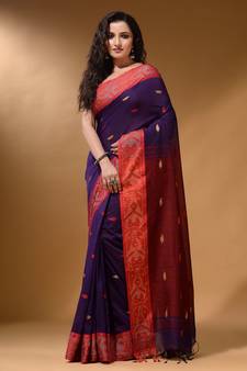 Purple Cotton Handspun Soft Saree With Nakshi Border And Contrast With Red Pallu