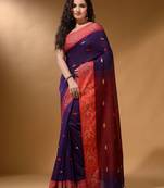 Purple Cotton Handspun Soft Saree With Nakshi Border And Contrast With Red Pallu